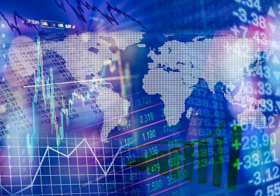 World map with charts and graphs as symbols of global finance